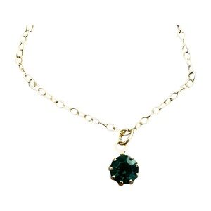 Vintage Gold Chain Necklace w/ Emerald Green Rhinestone Solitaire Pendant